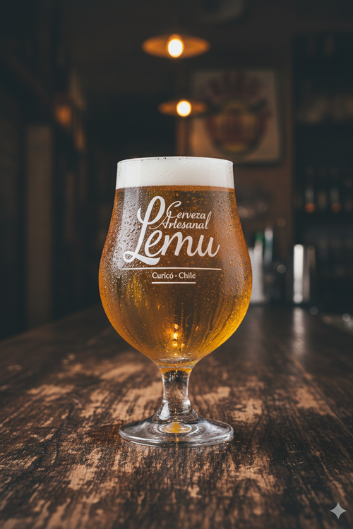 Copa Tulipán Lemu en barra de bar rústico